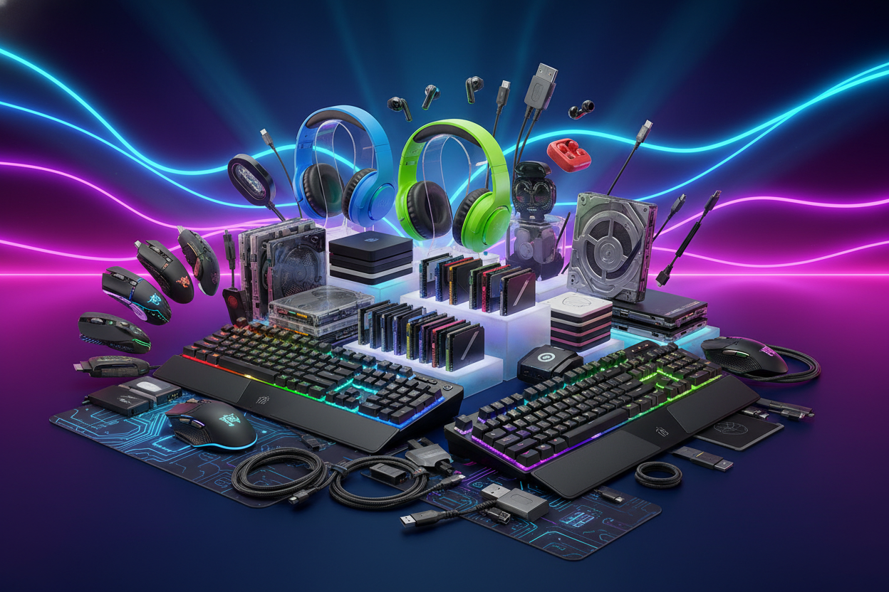 Auriculares de varios tipos, teclados, memorias RAM, discos duros, ratones, accesorios de informática en una imagen con fondo llamativo