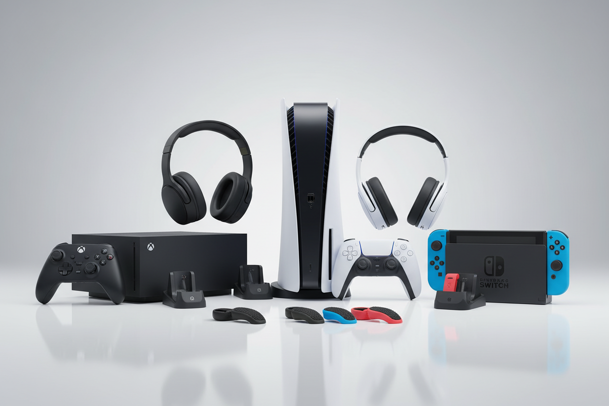 consolas como Play Station 5, Xbox X, nintendo switch con mandos y accesorios